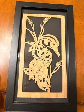 Framed/Matted Wooden Handmade Scroll Saw 13x 8 Canada Geese/ Woodland Duck
